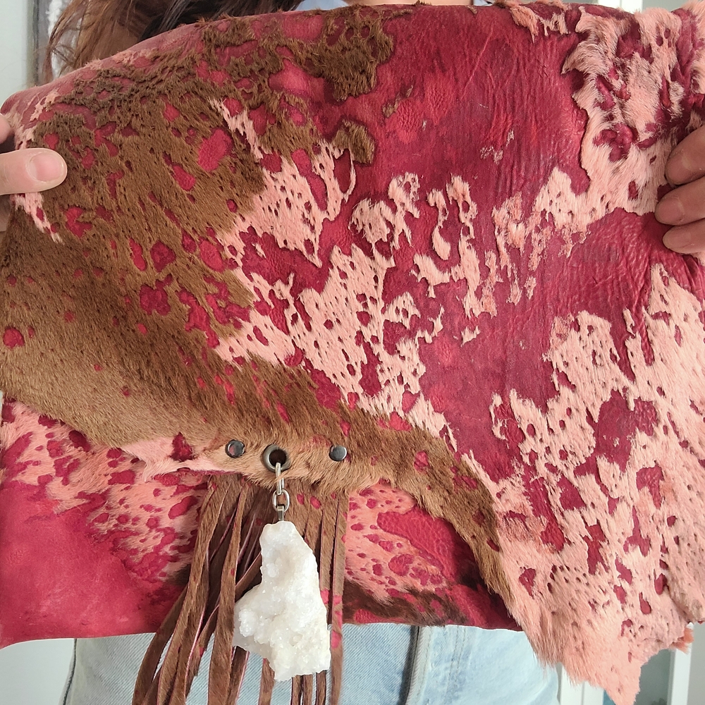 Pink-Brown Distressed Leather Crossbody Bag with Tassel - Picture 3 of 4